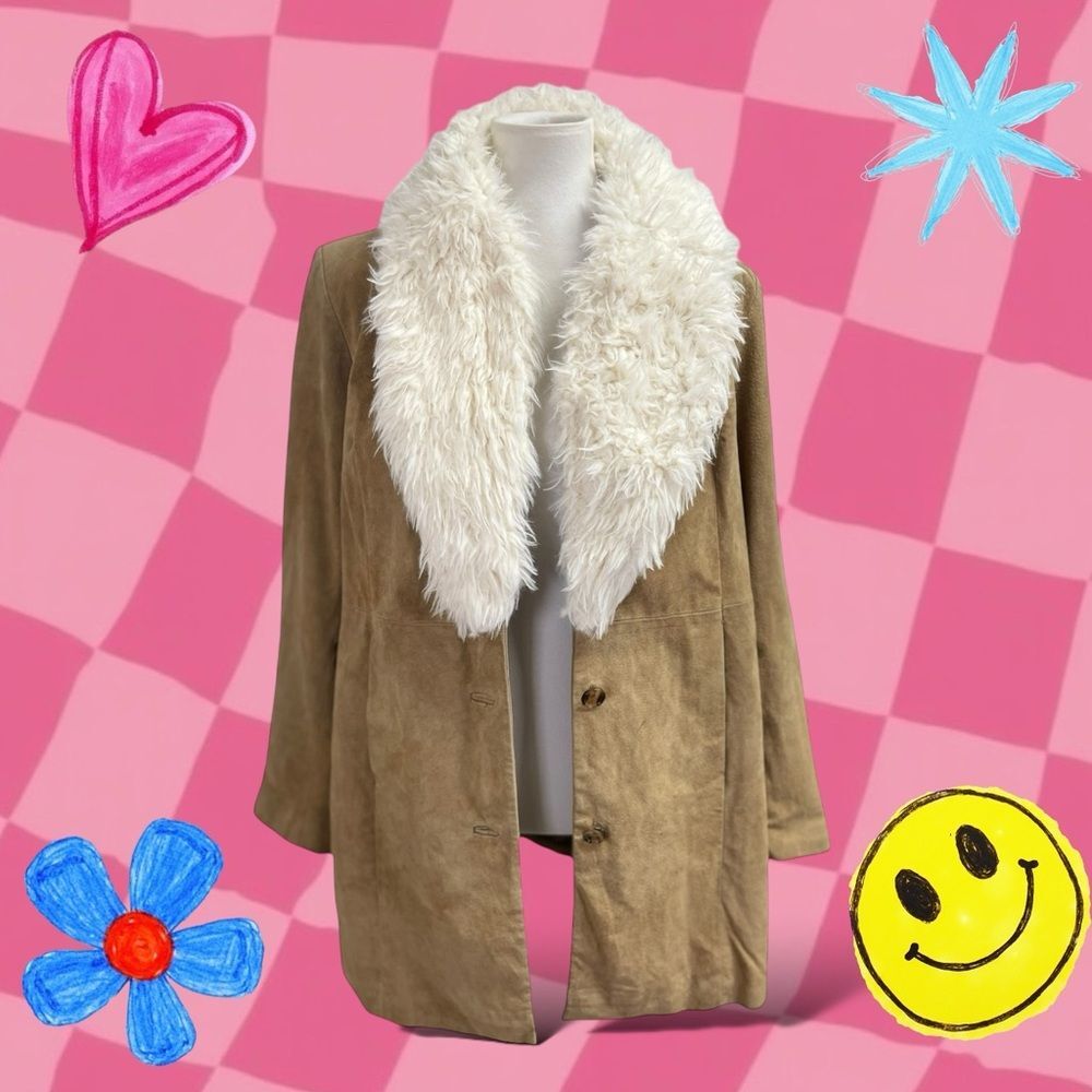 Vintage Tan Leather Suede Penny Lane Faux Fur Jacket, medium. Groovy Trench Coat